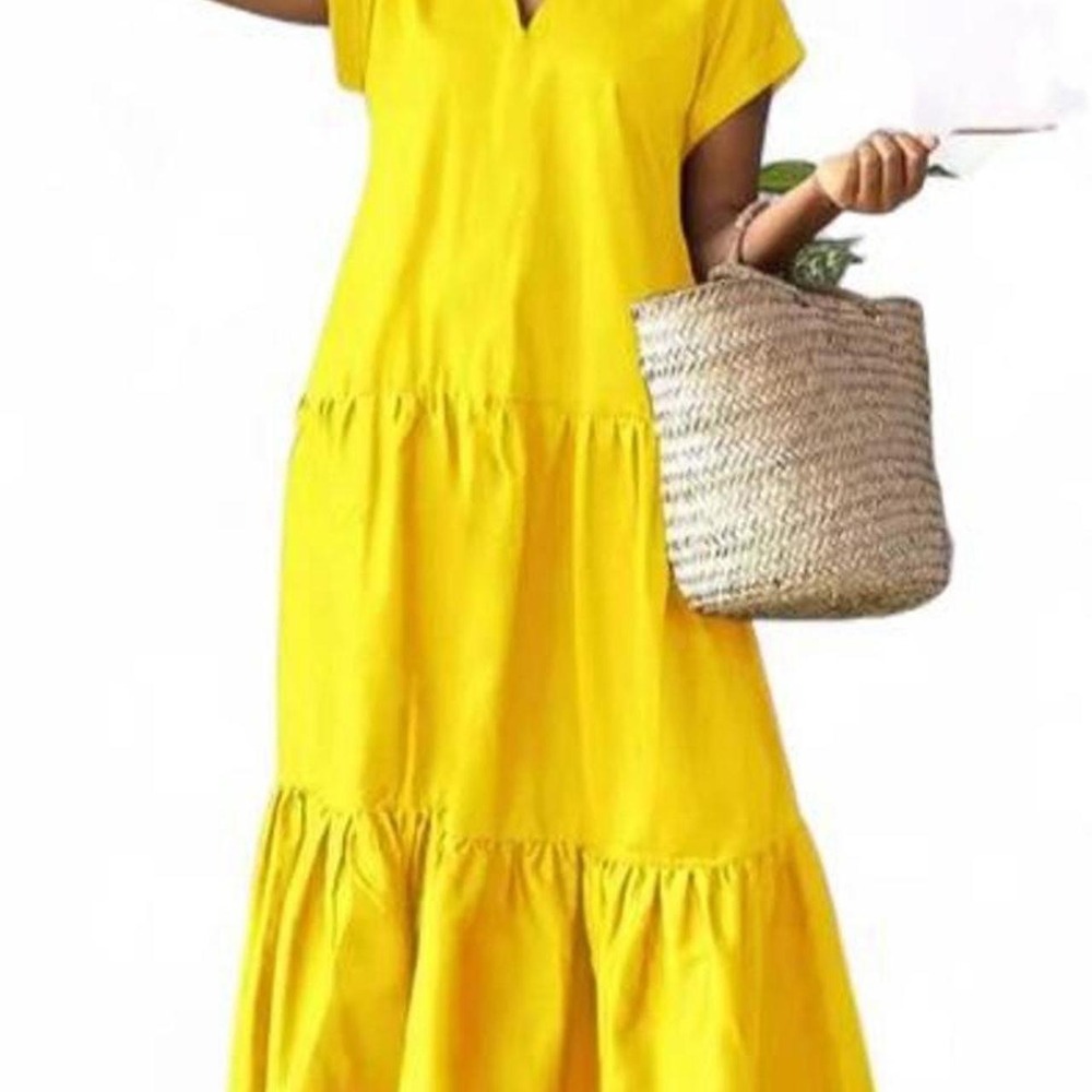 UOOZEE Lady's Basic Short-Sleeve Minimalist V-Neck Pleated Pocket Maxi Dress